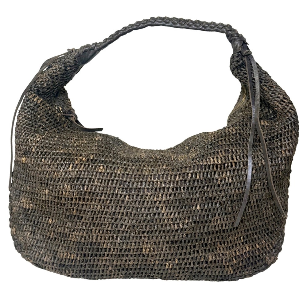 Flora Bella Hobo Bag Brown Leather Woven Raffia Boho Resort Coastal Quiet Luxury